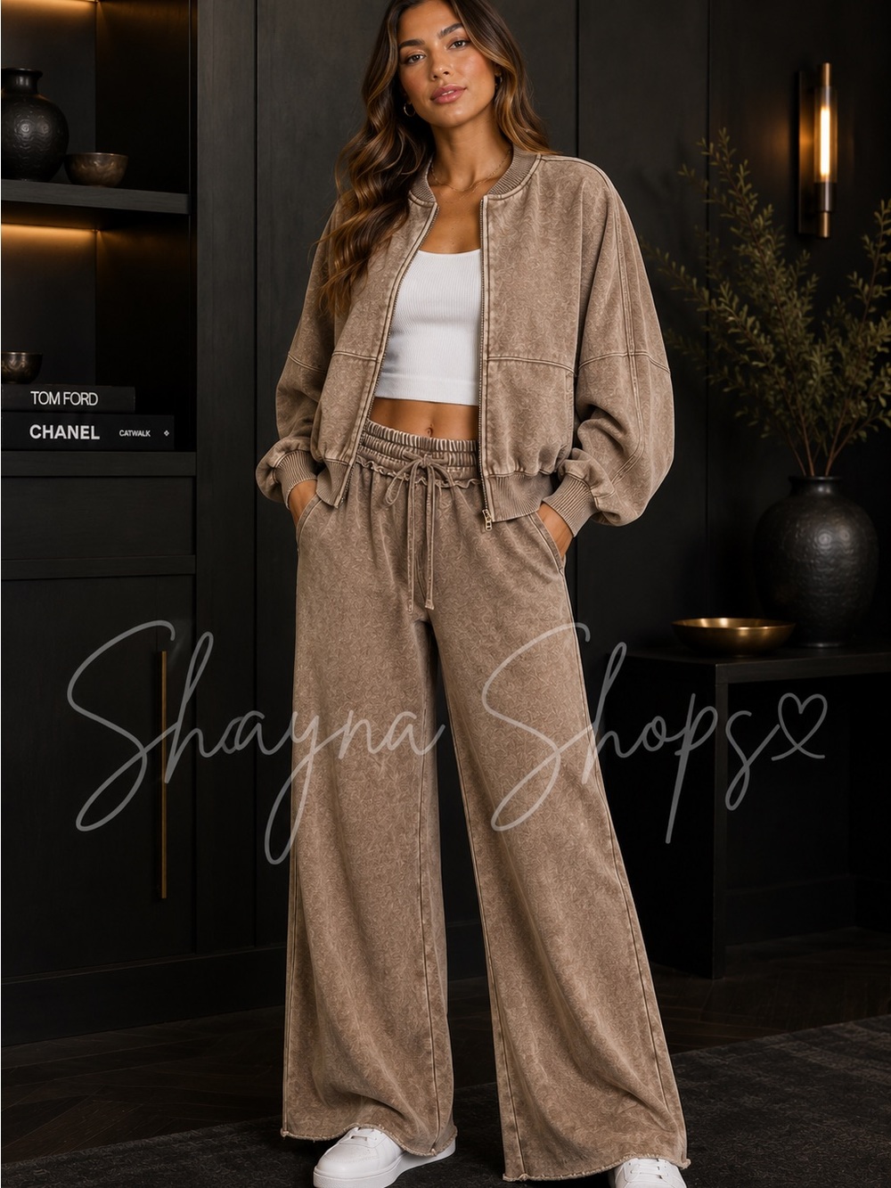 Zenana Mocha Acid Wash Fleece Bomber Jacket Wide Leg Palazzo Sweatpants Set